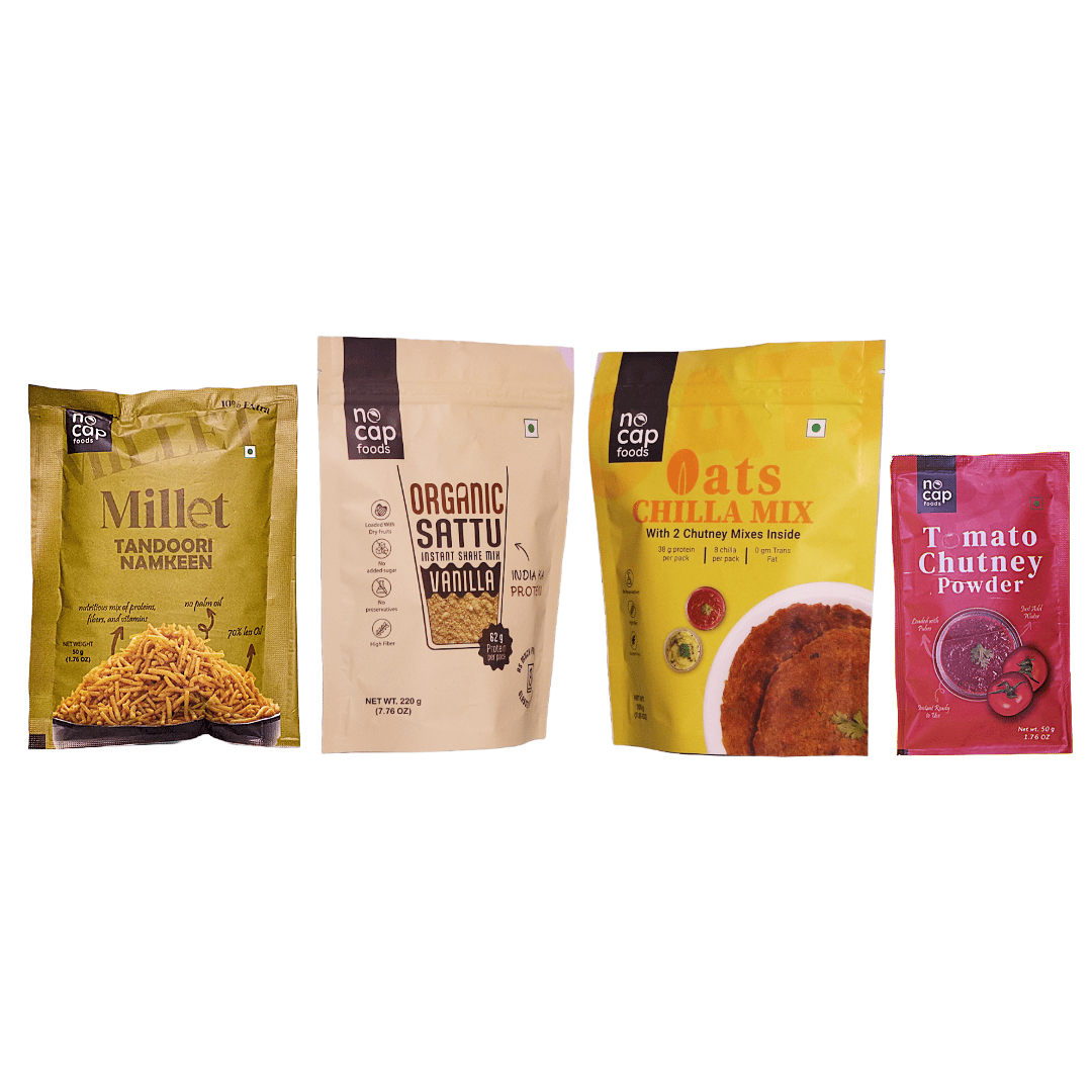 Combo of 4 | High Protein, Fiber-Rich  | Oats Chilla Premix 200 gm (1), Sattu Vanilla Shake 220 gm (1), Tomato Chutney Instant Mix 50 gm (1), Millet Tandoori Namkeen 50 gm (1)