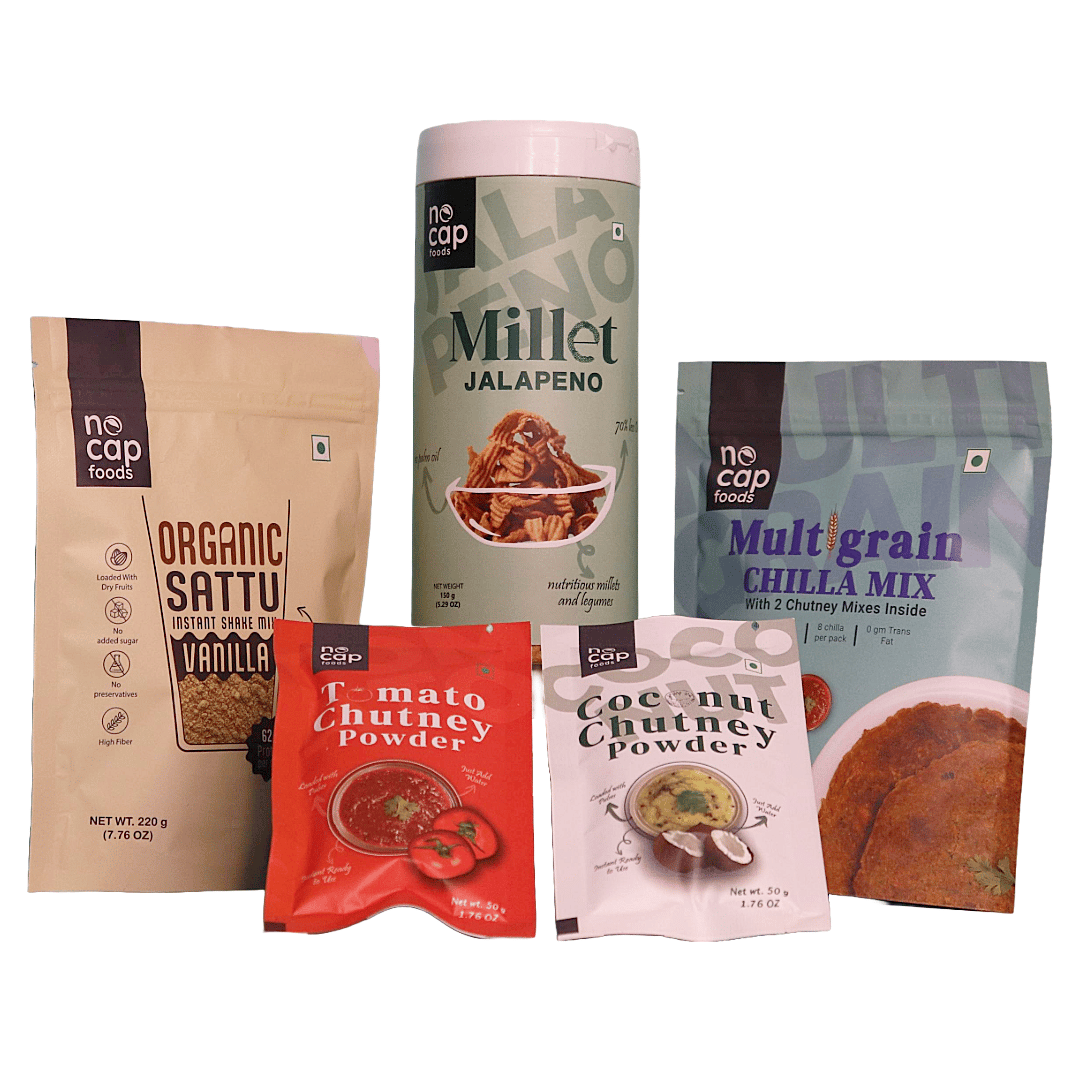 Combo of 5 |Multigrain Chilla Premix 200 gm (1), Millet Jalapeno Chips Box 150 gm (1), Sattu Coffee Hazelnut Shake 220 gm (1), Tomato Chutney Instant Mix 50 gm (1), Coconut Chutney Instant Mix 50 gm