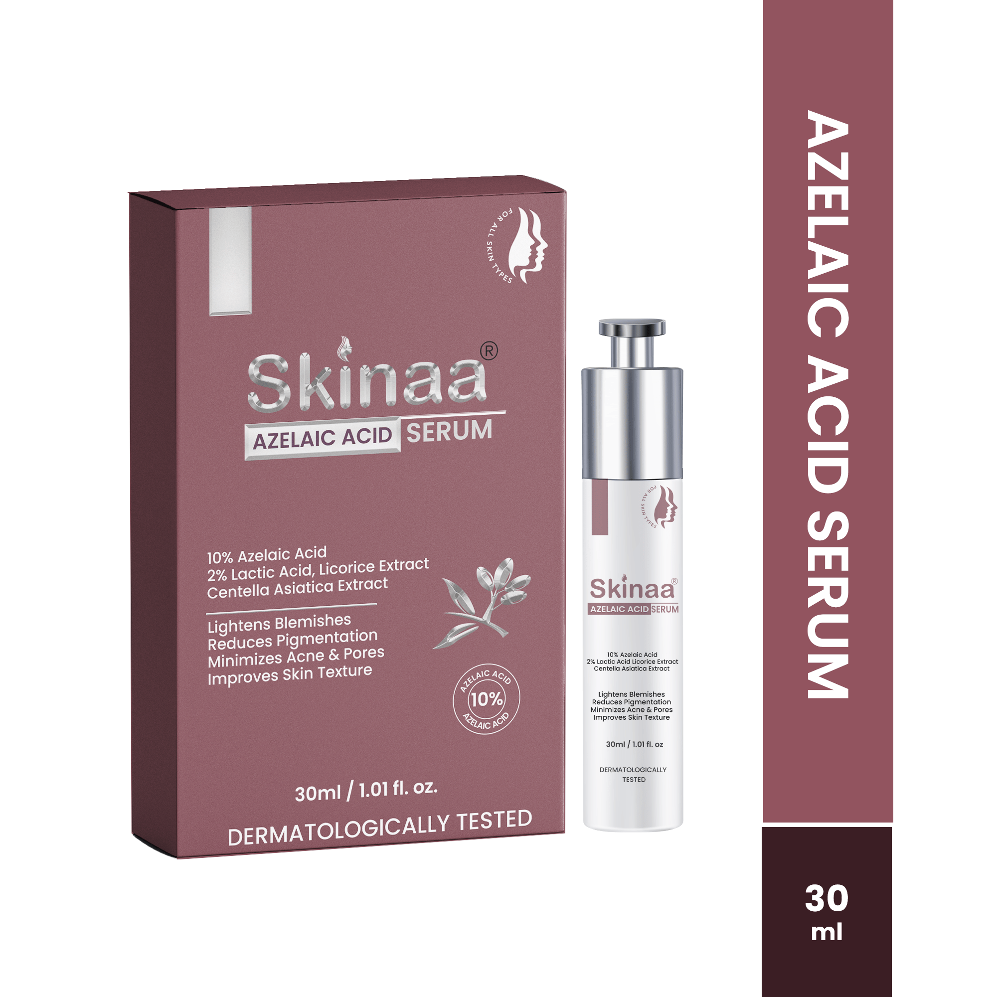 Skinaa Azelaic Acid Serum with 2% Lactic Acid Minimizes Acne and Pores and Lightens Blemishes - 30ml