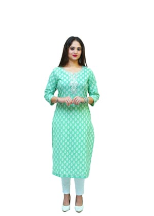 Embellished Cotton hand block printed Sea Green long Kurta with Mirror Work