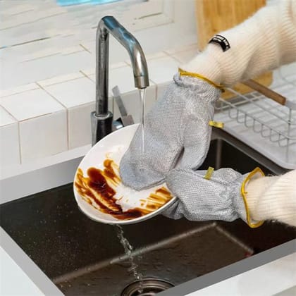 WUGO::Non Scratch Wire Dish washing Hand Gloves, Waterproof Home Kitchen Utensils Cleaning Gloves for Washing Dish Easy Rinsing, Reusable Kitchen Gloves For Washing (1-Pair)