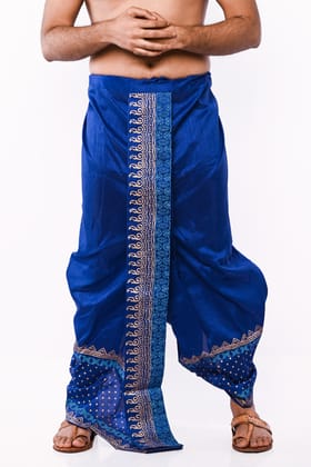 Oblik's Royal Blue 02 Hand Block Print Dupion Silk Dhoti For Men