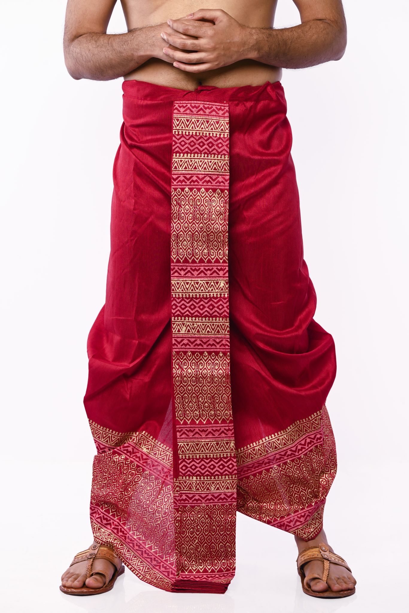 Oblik's Maroon 03 Hand Block Print Dupion Silk Dhoti For Men