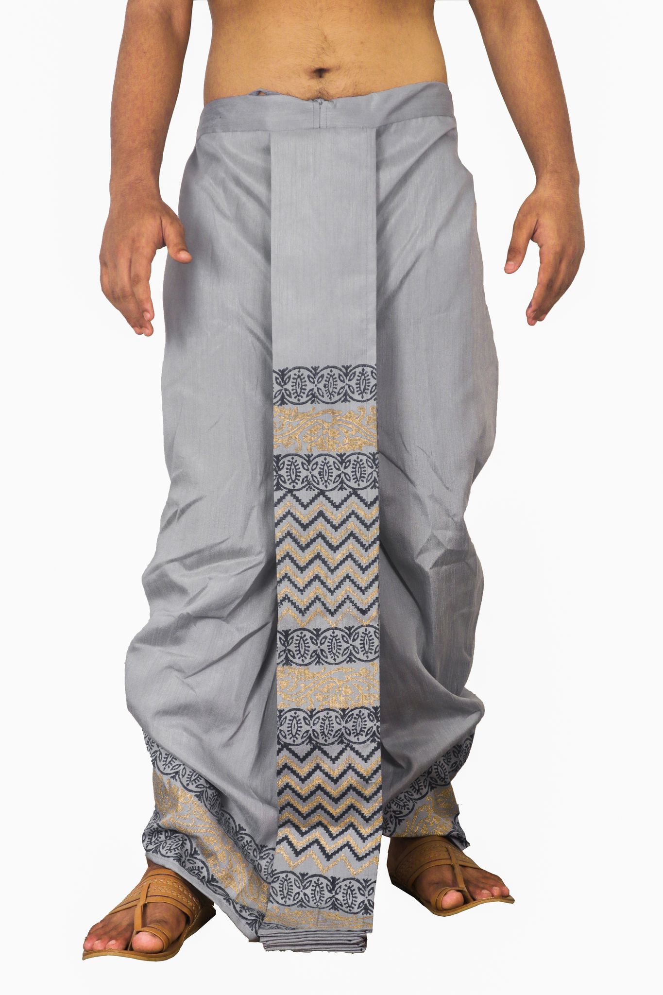 Oblik's Gray 04 Hand Block Print Dupion Silk Dhoti For Men