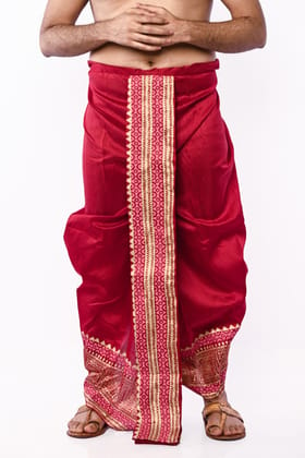 Oblik's Maroon 05 Hand Block Print Dupion Silk Dhoti For Men