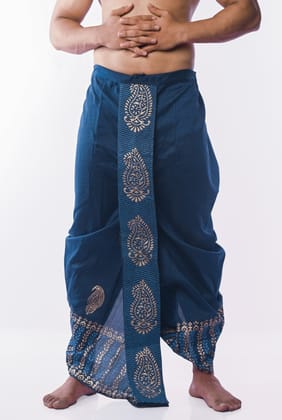 Oblik's Peacock Blue 06 Hand Block Print Dupion Silk Dhoti For Men