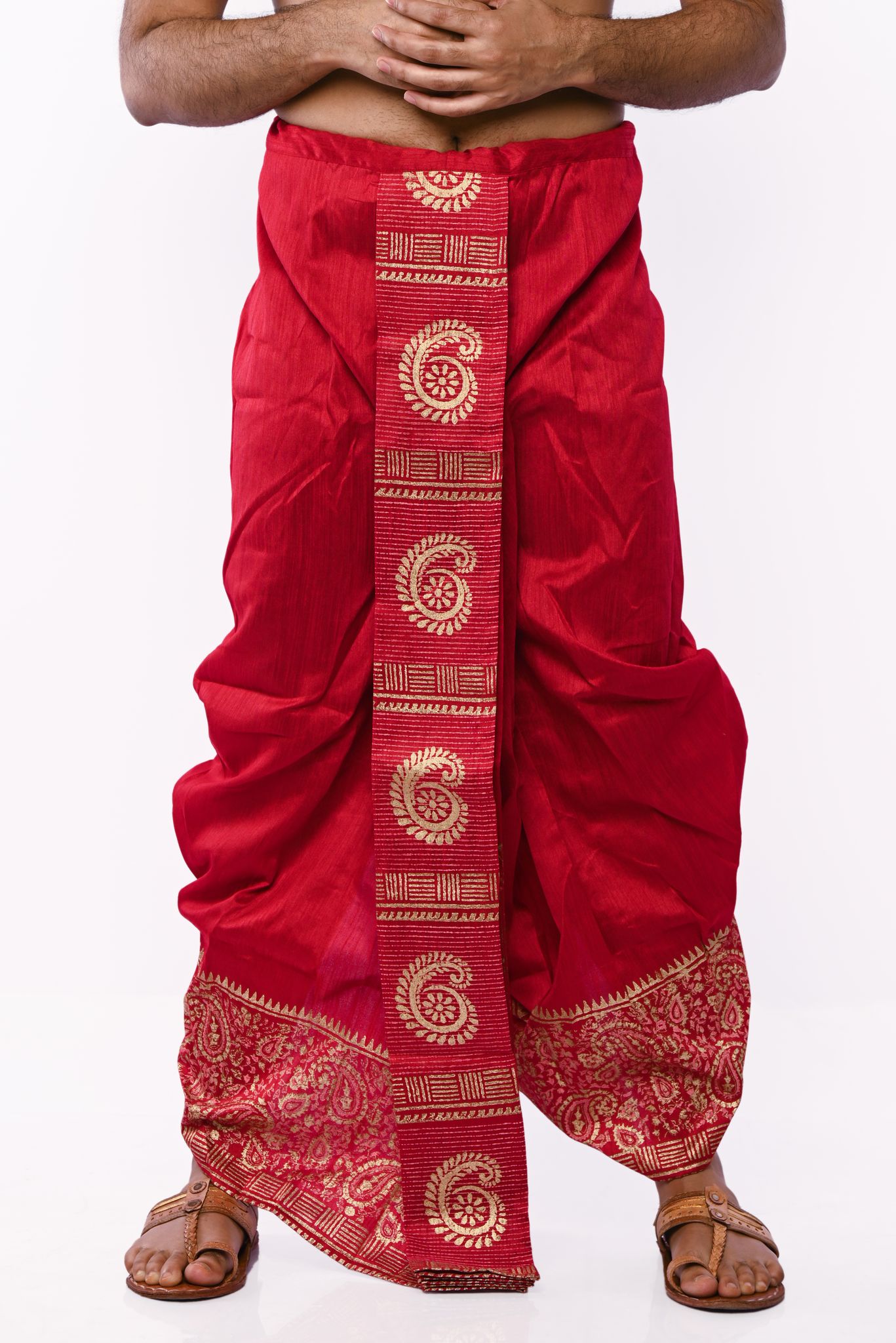 Oblik's Maroon 07 Hand Block Print Dupion Silk Dhoti For Men