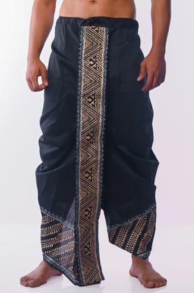 Oblik's Black 08 Hand Block Print Dupion Silk Dhoti For Men