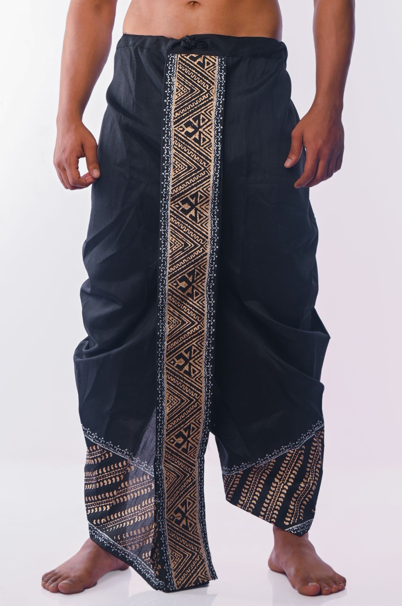 Oblik's Black 08 Hand Block Print Dupion Silk Dhoti For Men