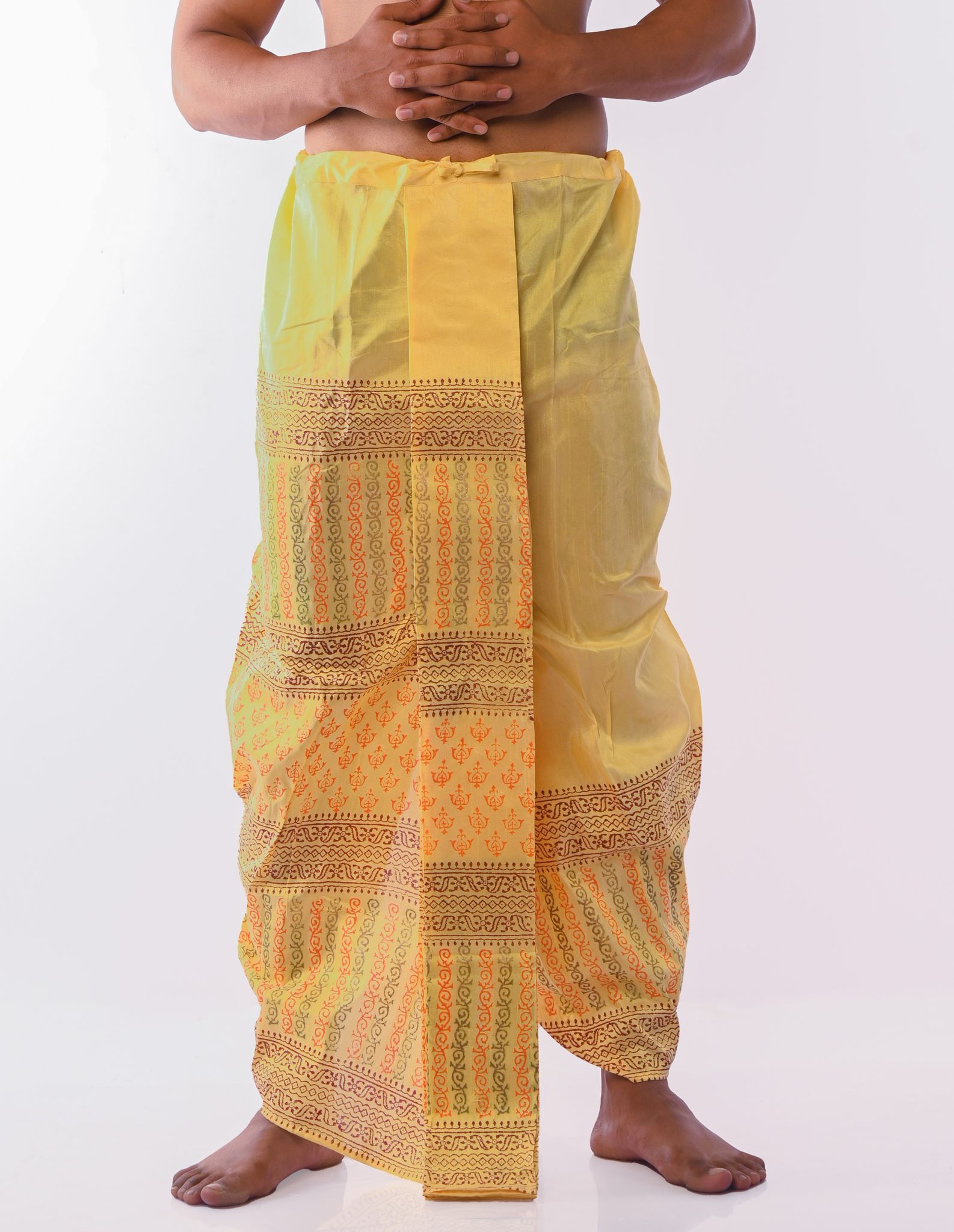 Oblik's Yellow 09 Hand Block Print Dupion Silk Dhoti For Men