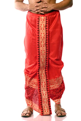 Oblik's Red 010 Hand Block Print Dupion Silk Dhoti For Men