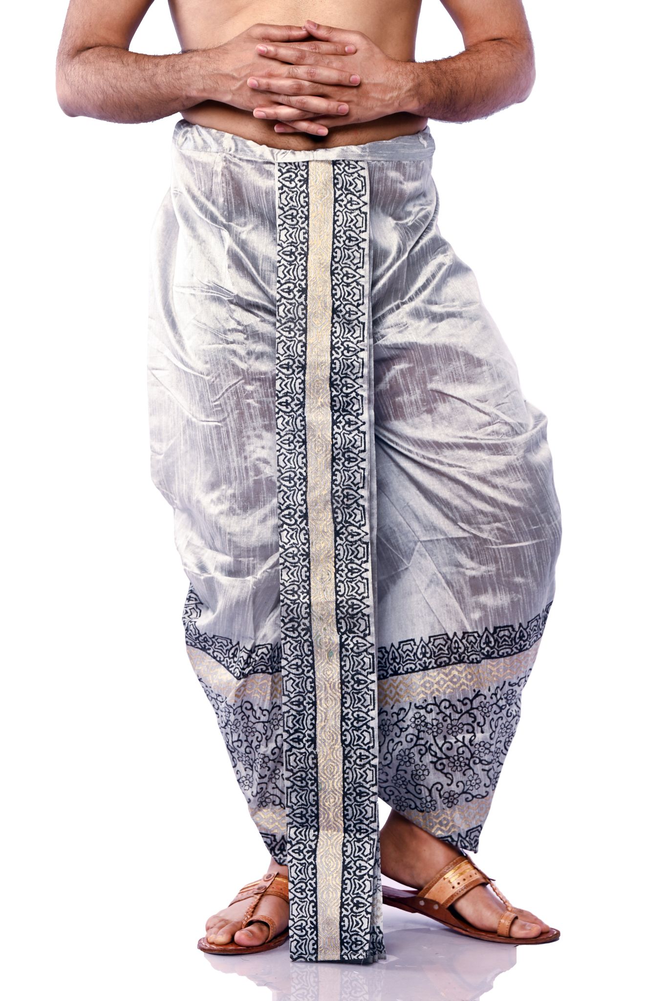 Oblik's Silver 011 Hand Block Print Dupion Silk Dhoti For Men