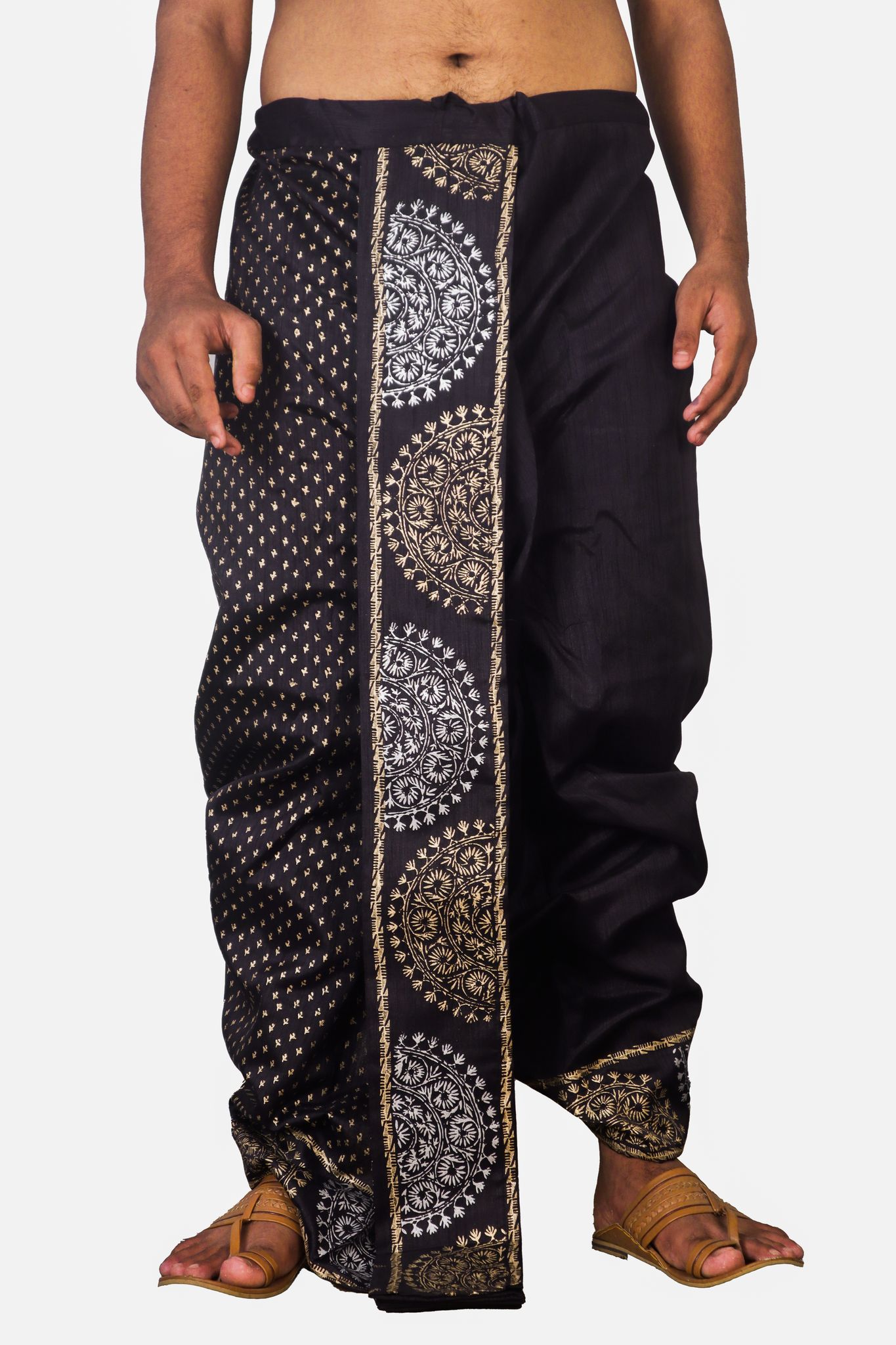 Oblik's Black 012 Hand Block Print Dupion Silk Dhoti For Men