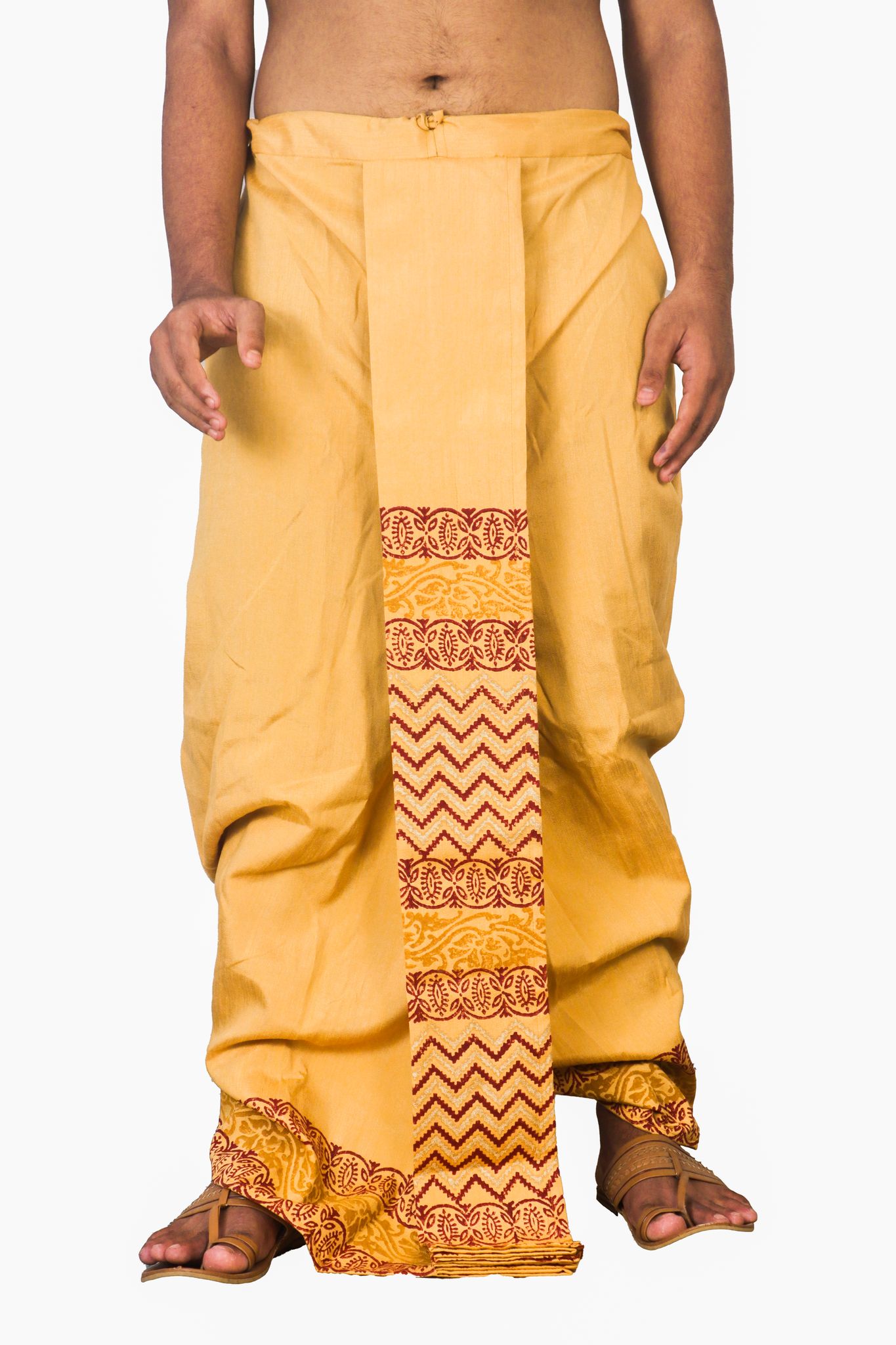 Oblik's Mustard 013 Hand Block Print Dupion Silk Dhoti For Men