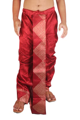 Oblik's Maroon 014 Hand Block Print Dupion Silk Dhoti For Men