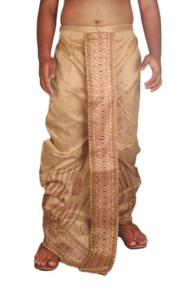 Oblik's Beige 015 Hand Block Print Dupion Silk Dhoti For Men