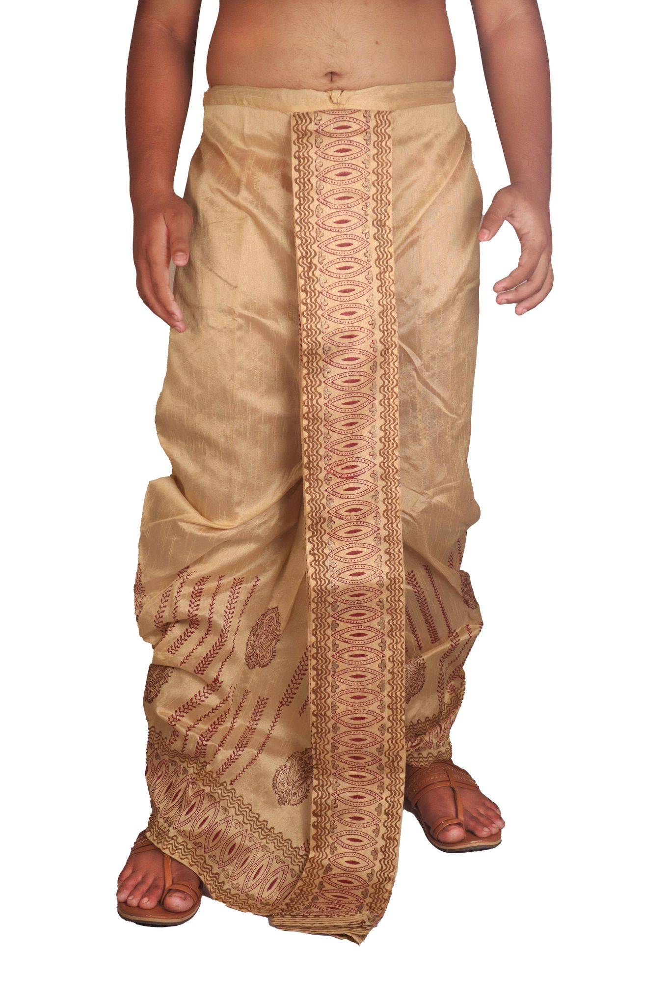 Oblik's Beige 015 Hand Block Print Dupion Silk Dhoti For Men