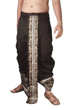 Oblik's Black 016 Hand Block Print Dupion Silk Dhoti For Men