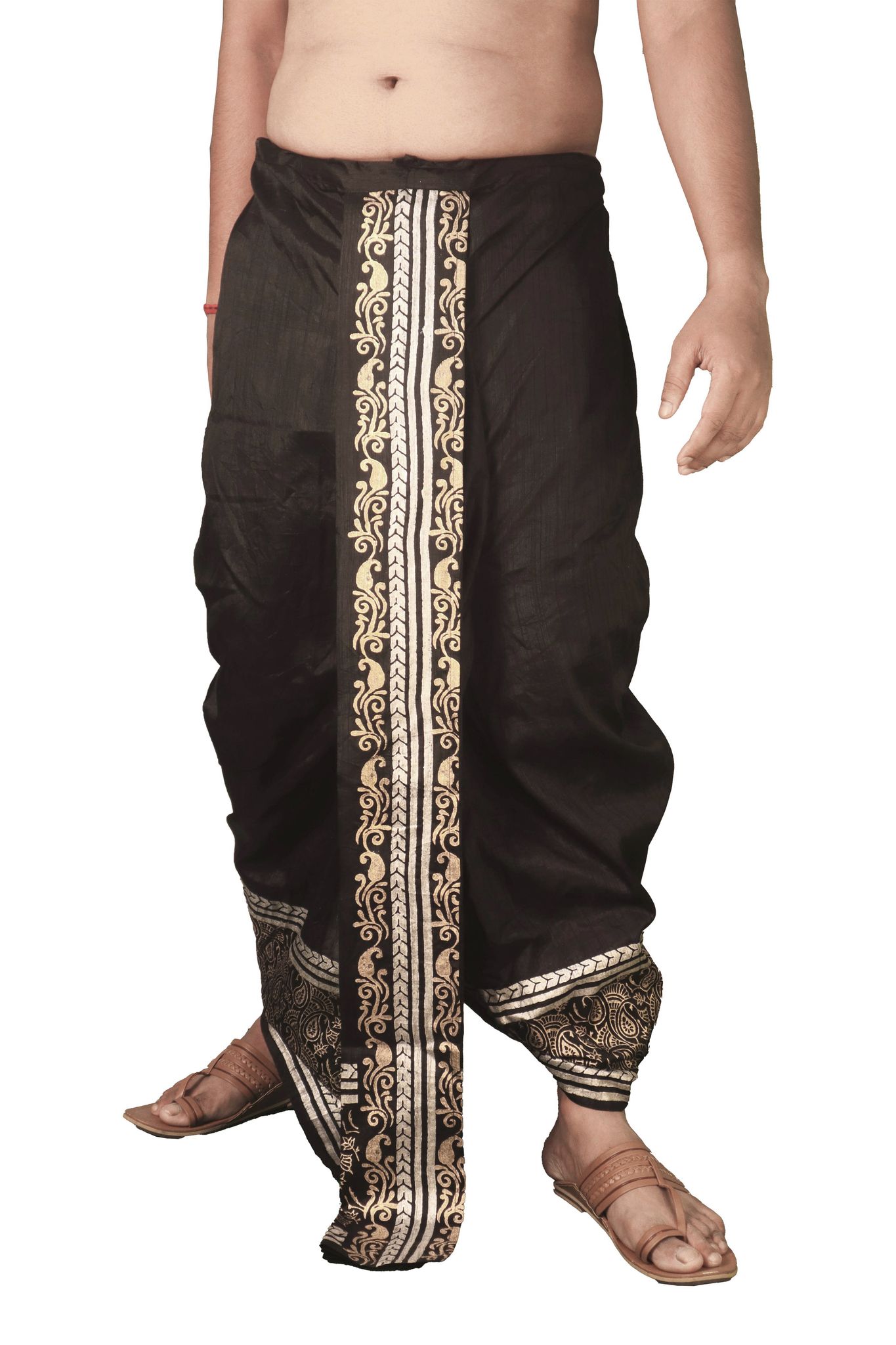 Oblik's Black 016 Hand Block Print Dupion Silk Dhoti For Men