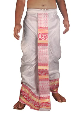 Oblik's White 018 Hand Block Print Dupion Silk Dhoti For Men