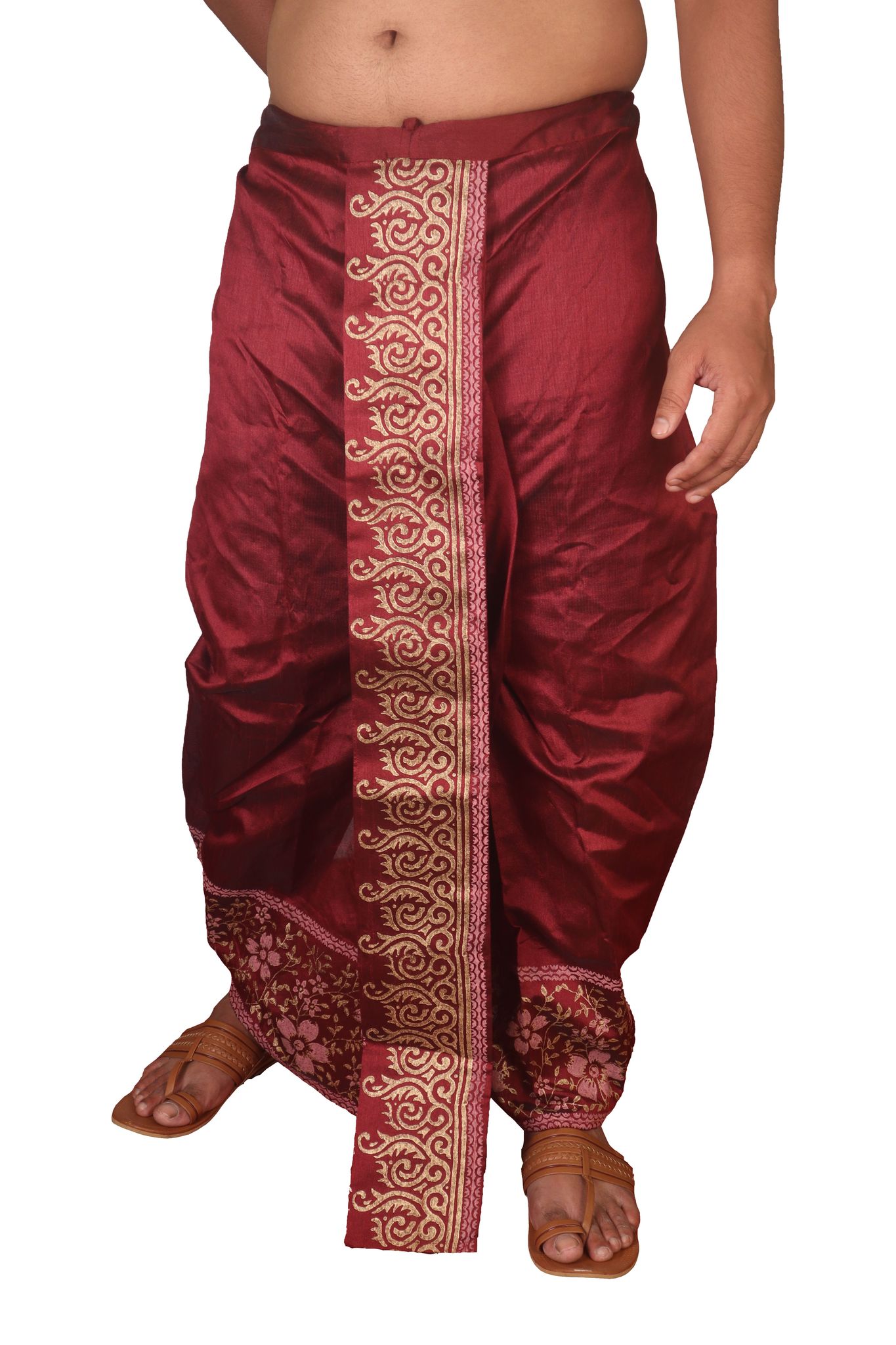 Oblik's Wine 019 Hand Block Print Dupion Silk Dhoti For Men