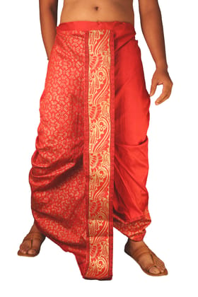 Oblik's Maroon 020 Hand Block Print Dupion Silk Dhoti For Men