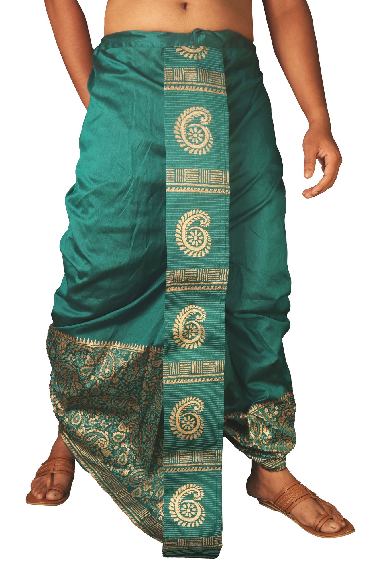 Oblik's Deep Green 021 Hand Block Print Dupion Silk Dhoti For Men