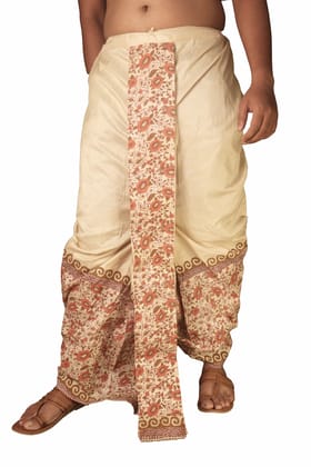 Oblik's Cream 022 Hand Block Print Dupion Silk Dhoti For Men