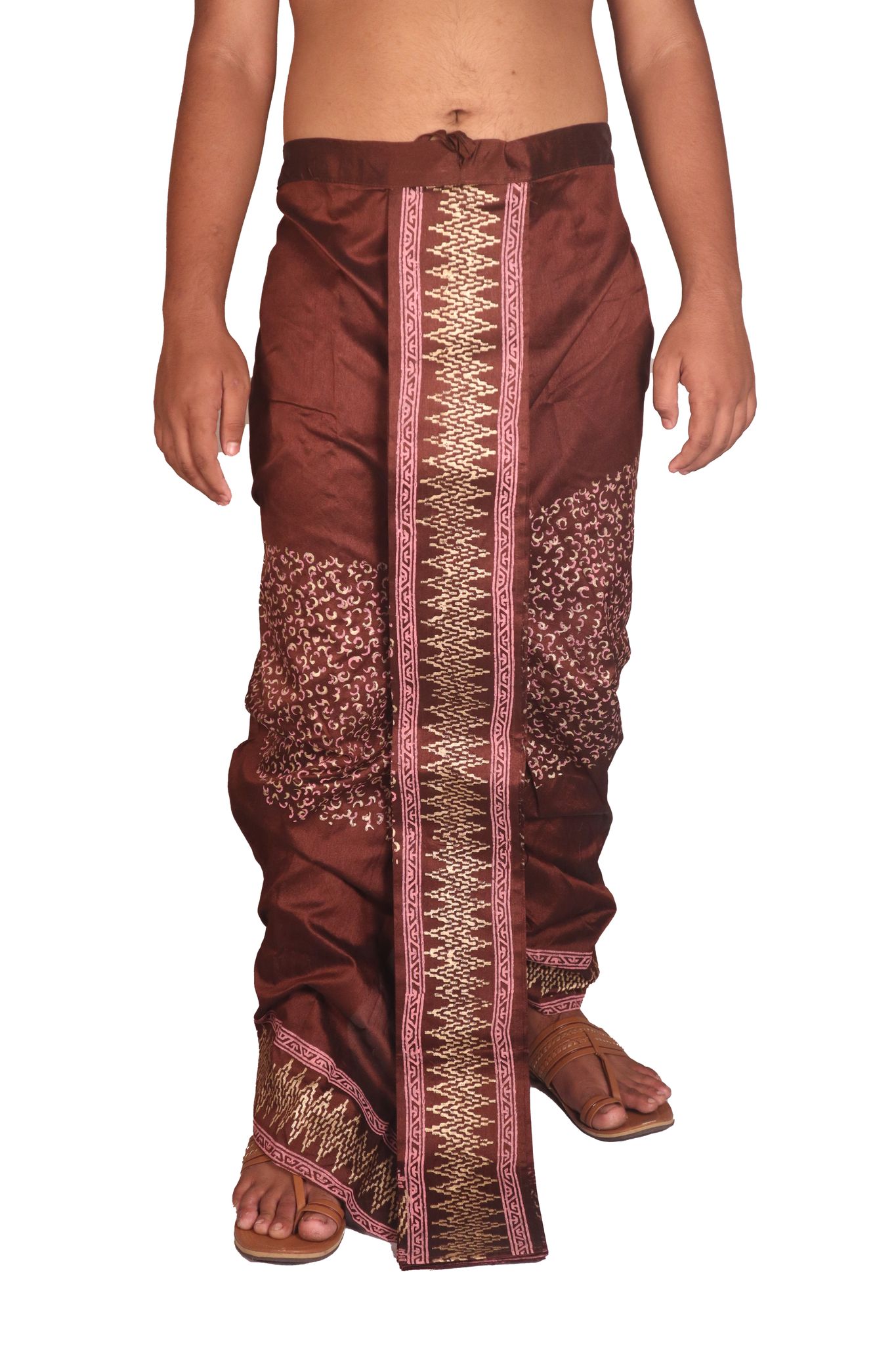 Oblik's Brown 023 Hand Block Print Dupion Silk Dhoti For Men