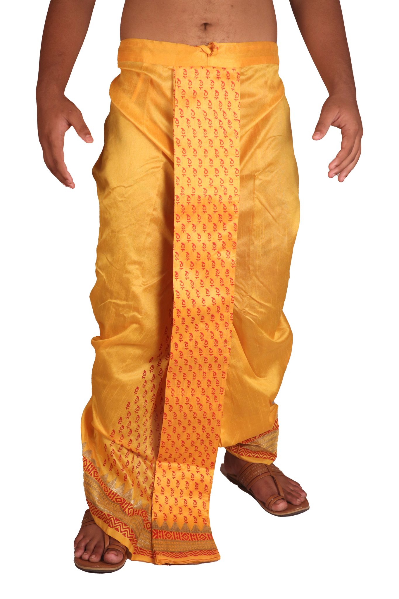 Oblik's Golden Yellow 024 Hand Block Print Dupion Silk Dhoti For Men