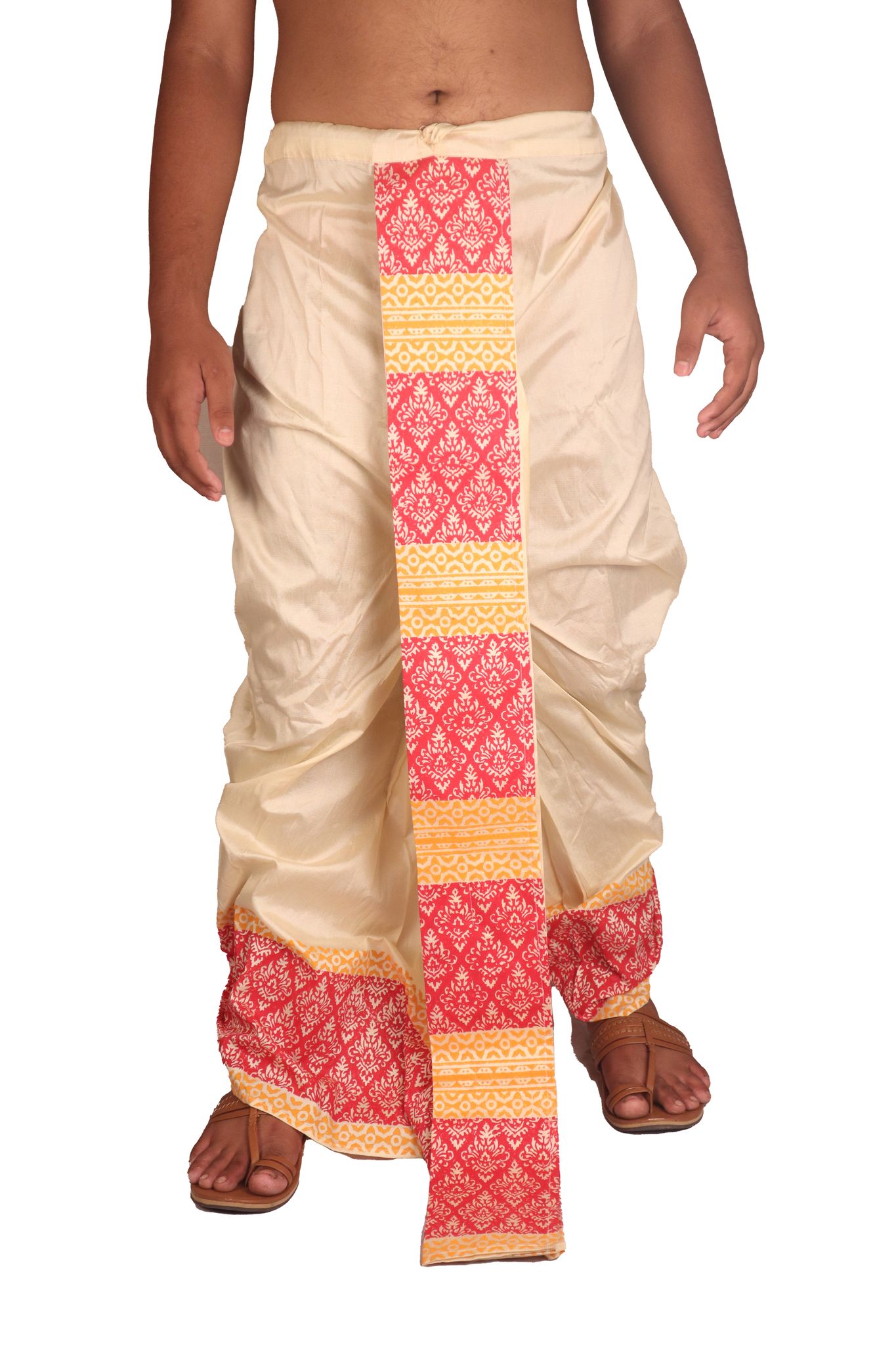 Oblik's Cream 025 Hand Block Print Dupion Silk Dhoti For Men