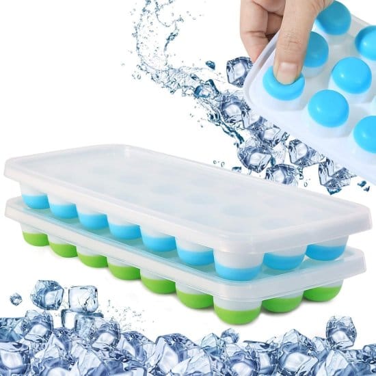 WUGO::Cavity-21 Round Ice Tray Set Pop Up Ice Cube Trays for Freezer with Lid, Easy Release Flexible Silicone Bottom, Stack-able, 100% BPA Free, Food Grade for Freezer, Cocktail