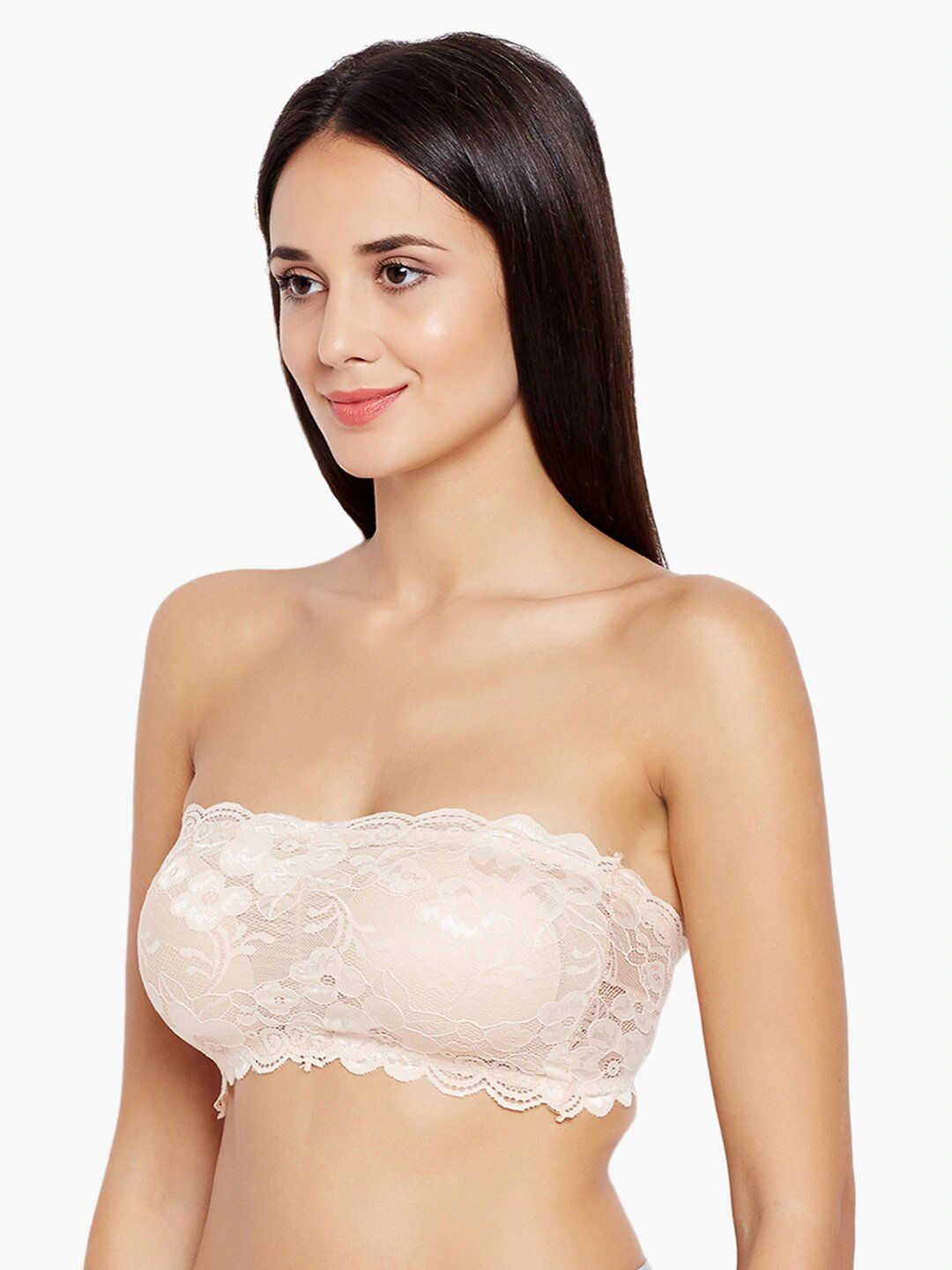 Women’s/Girl’s Lace Net Tube Bra Strapless Padded Seamless Hook Closure Bra - Beige