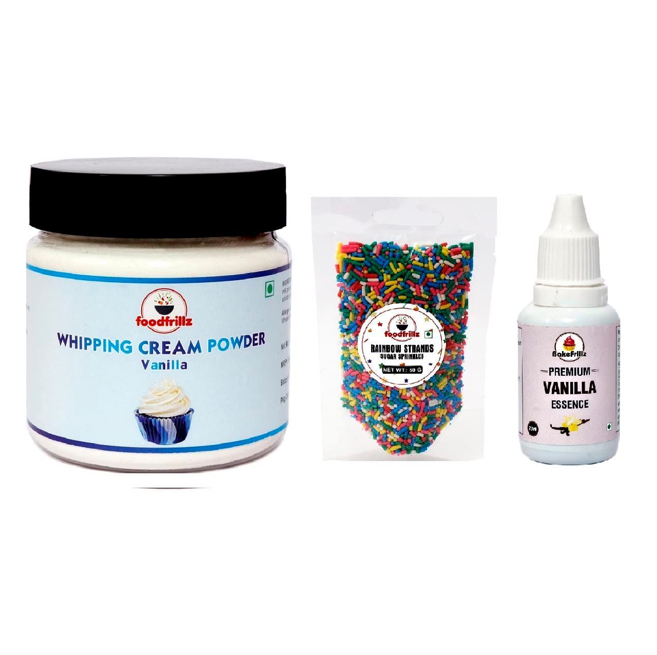 foodfrillz Whipping Cream Powder - All Purpose Vanilla (100 g), Bakefrillz Vanilla (20 ml) + Rainbow Strands Sprinkle (50 g) Pack of 3