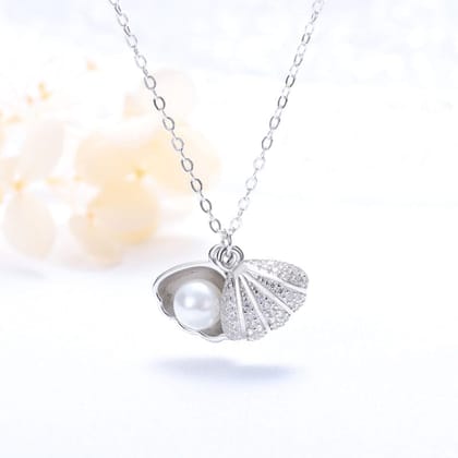 Jewelryklub Sea Shell Pearl Pendant With Chain Studded With Cubic Zircona American Diamonds - Silver