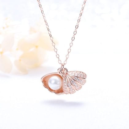 Jewelryklub Sea Shell Pearl Pendant With Chain Studded With Cubic Zircona American Diamonds - Rose Gold