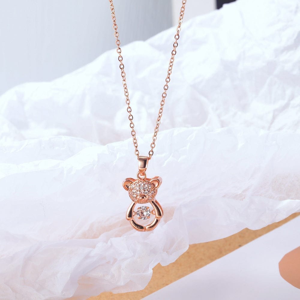 Jewelryklub Dancing Diamond Teddy Bear Shape Pendant With Chain - Rose Gold