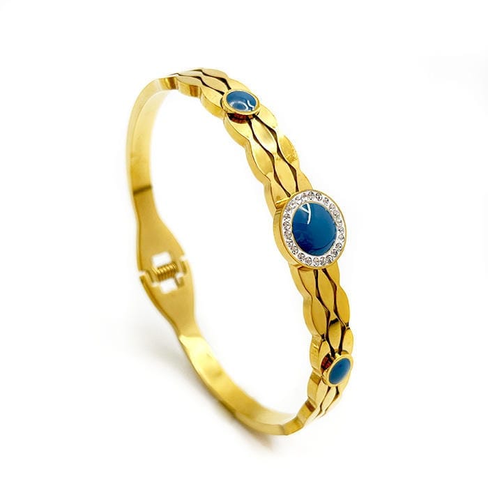 Jewelryklub Anti Tarnish Gold Plated American Diamond Bracelet Kada Bangle With Turquoise Stone For Girls & Women