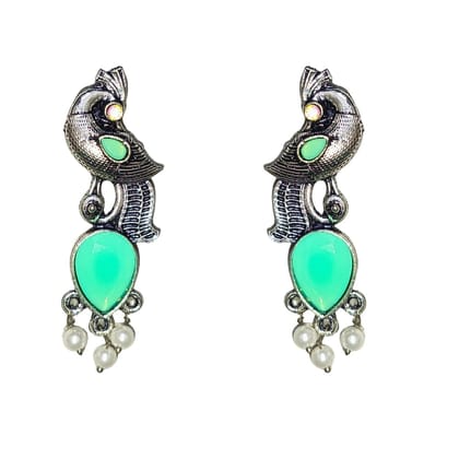 Jewelryklub Oxidized Silver Peacock Earrings with Ocean Green Stones and Pearls