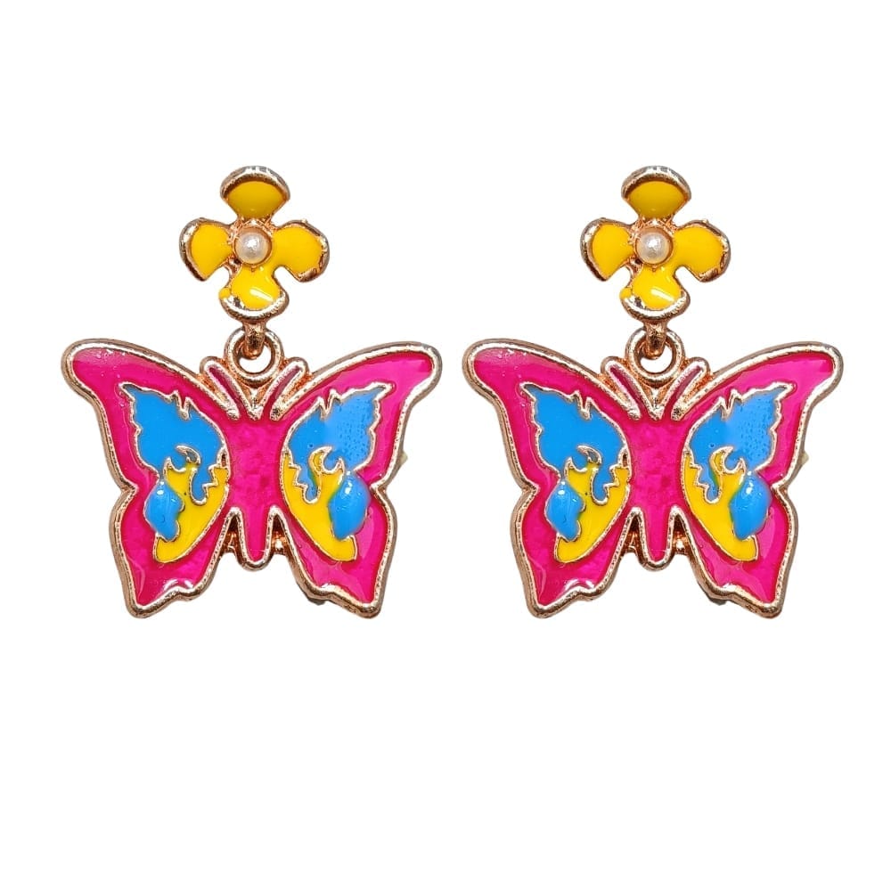 Jewelryklub Dark Pink Butterfly Earrings with Flower Studs