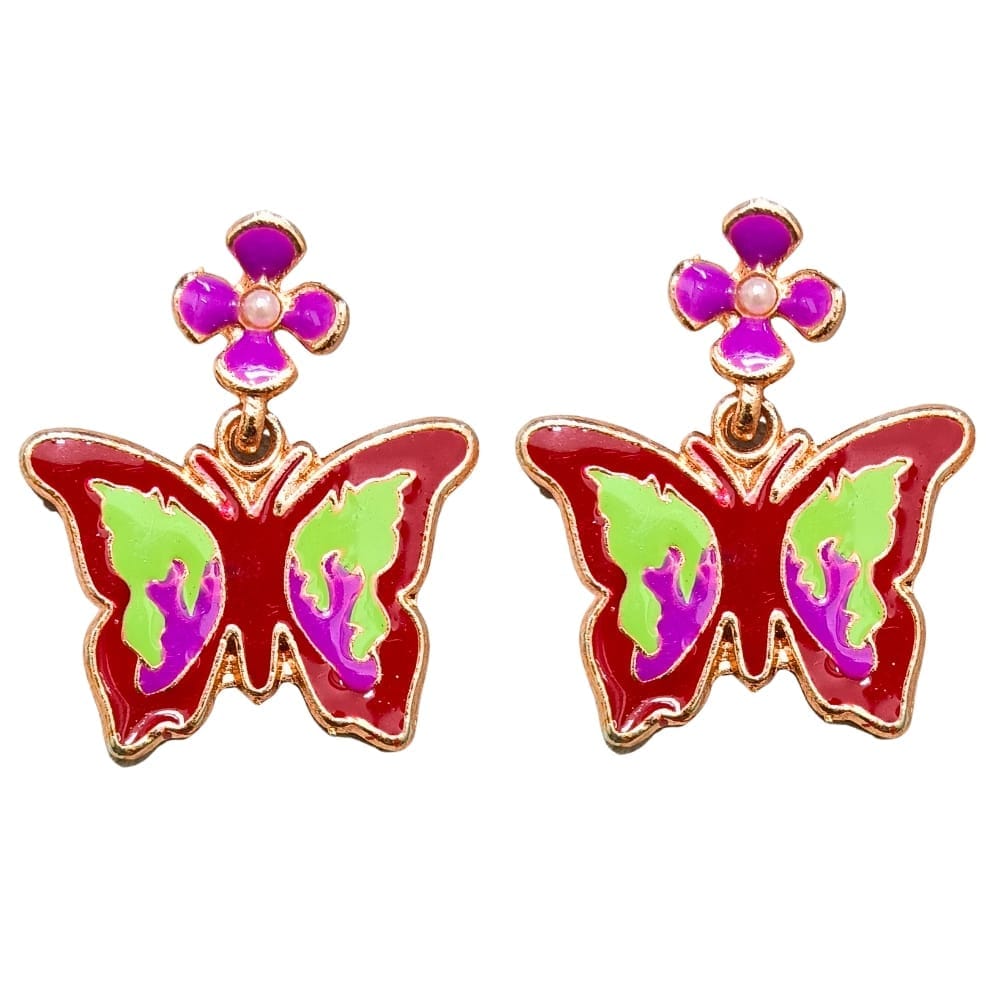 Jewelryklub Red Enameled Butterfly Drop Earrings