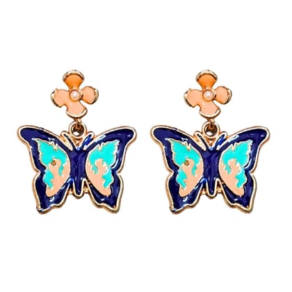 Jewelryklub Blue Butterfly Earrings with Flower Studs