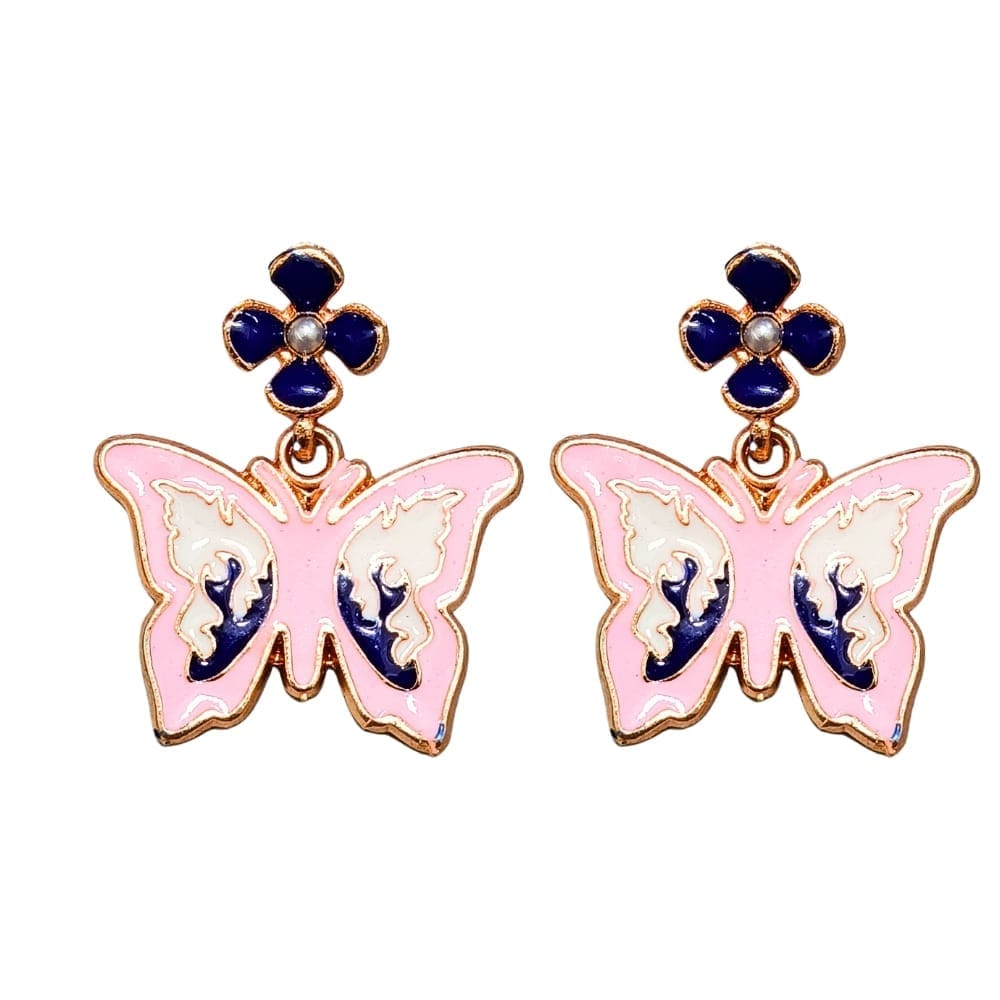 Jewelryklub Pink Butterfly Earrings with Flower Studs