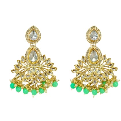 Jewelryklub Gold Plated Kundan and Pearl Drop Earrings with Green Beads