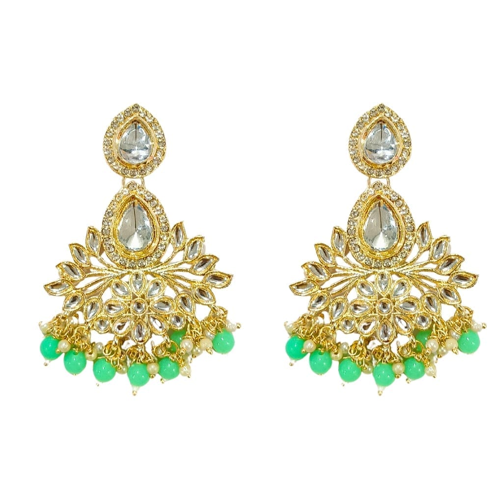 Jewelryklub Gold Plated Kundan and Pearl Drop Earrings with Green Beads