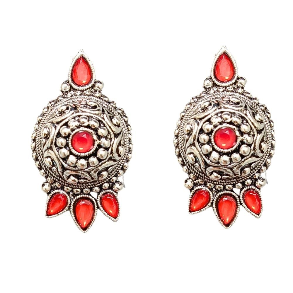 Jewelryklub Oxidized German Silver Antique Look Afghani Chandbali Earrings With Red Stones