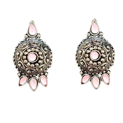 Jewelryklub Oxidized German Silver Antique Look Afghani Chandbali Earrings With Light Pink Stones