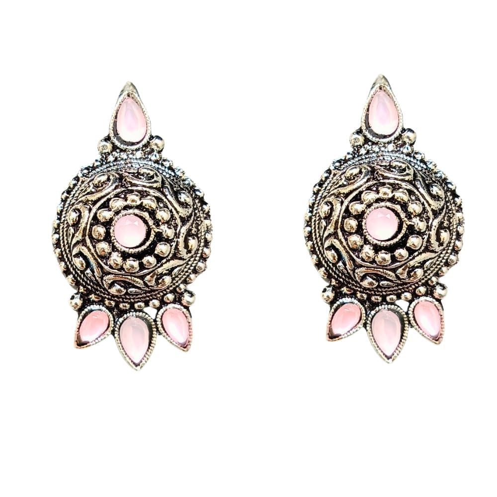 Jewelryklub Oxidized German Silver Antique Look Afghani Chandbali Earrings With Light Pink Stones