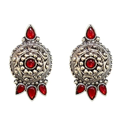 Jewelryklub Oxidized German Silver Antique Look Afghani Chandbali Earrings With Maroon Stones