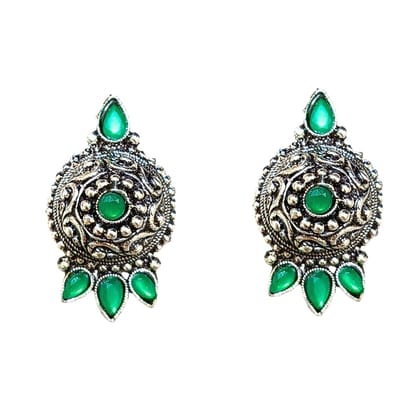 Jewelryklub Oxidized German Silver Antique Look Afghani Chandbali Earrings With Green Stones